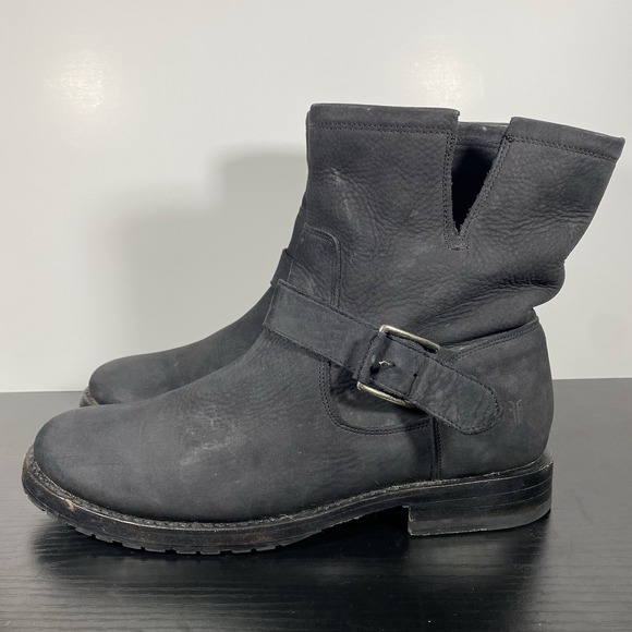 Frye Shoes - Frye Natalie Short Engineer Boot Black Suede Pull-On Ankle Boots Womens Size 8 B